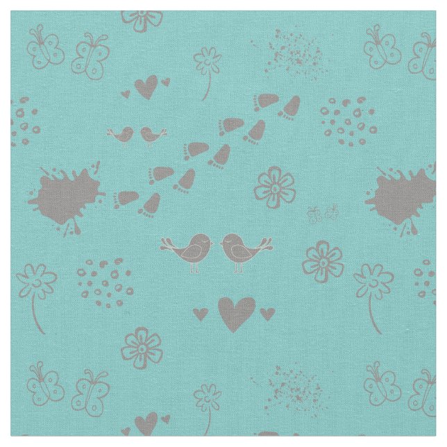 Retro turqouise and colorful pattern of birds, dot fabric (Close Up)