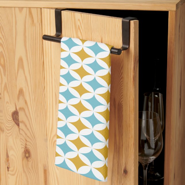 Retro Turquoise and Blue Diamonds Mid Century Kitchen Towel (Thirds Fold)