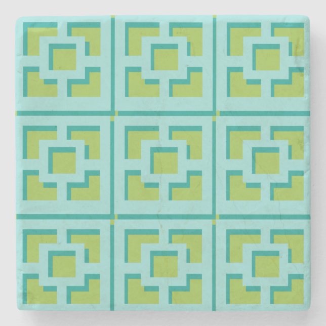  Retro Turquoise and Green Trellis Stone Coaster (Front)