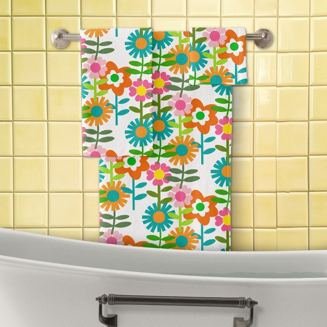Retro Turquoise And Orange Flowers Bath Towel Set (Creator Uploaded)