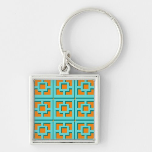 Retro Turquoise and Orange Trellis Button Keychain