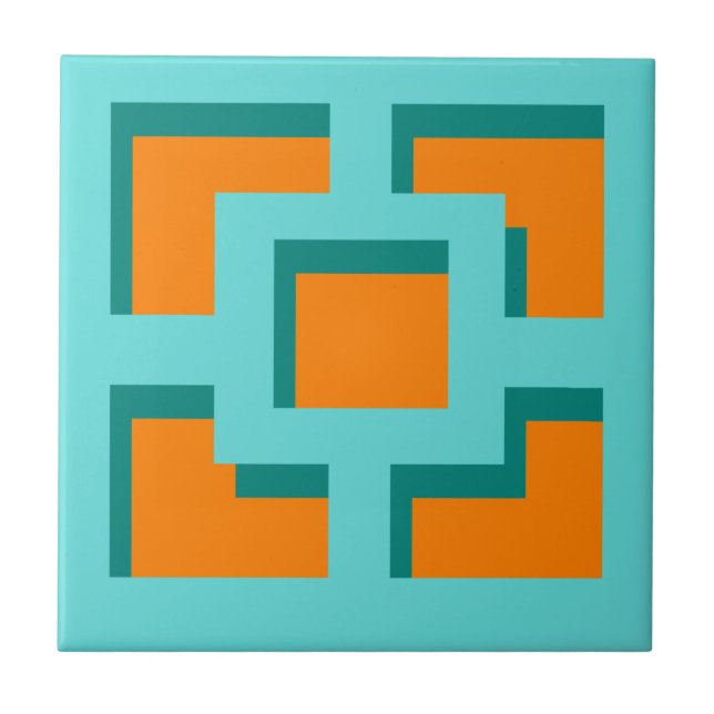 Retro Turquoise and Orange Trellis Ceramic Tile (Front)