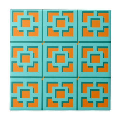 Retro Turquoise and Orange Trellis Ceramic Tile