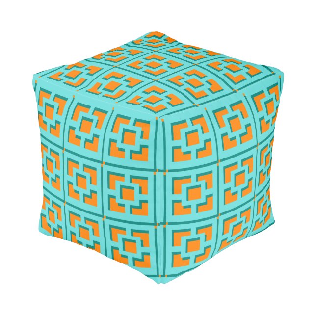 Retro Turquoise and Orange Trellis Cube Pouf (Angled Back)