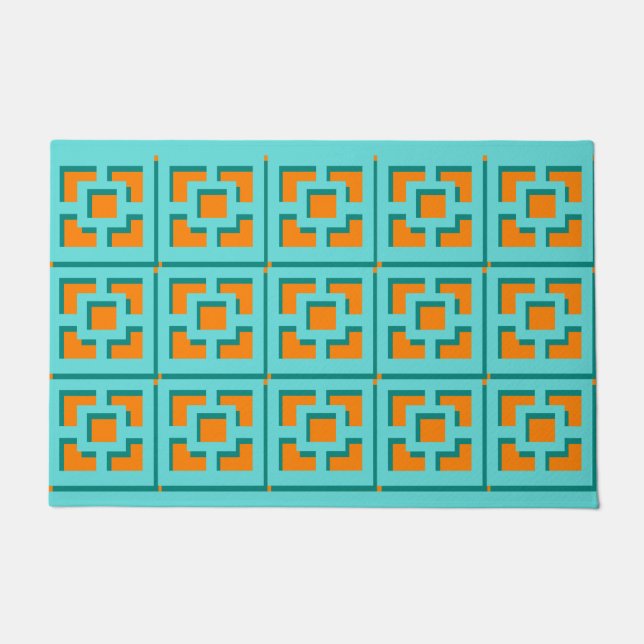 Retro Turquoise and Orange Trellis Door Mat (Front)