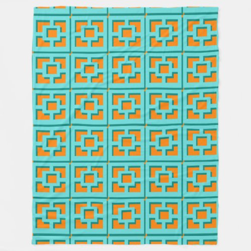 Retro Turquoise and Orange Trellis Fleece Blanket