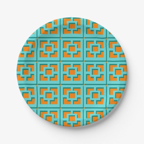 Retro Turquoise and Orange Trellis Paper Plate