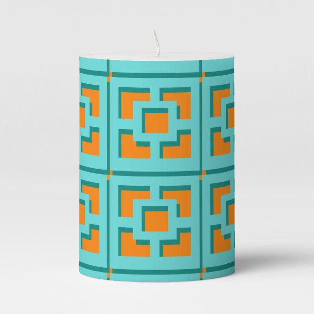 Retro Turquoise and Orange Trellis Pillar Candle (Front)