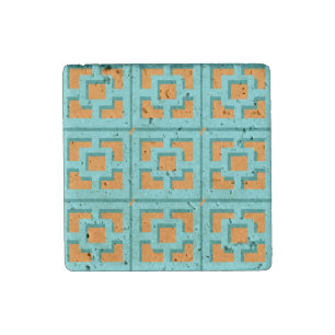 Retro Turquoise and Orange Trellis Stone Magnet