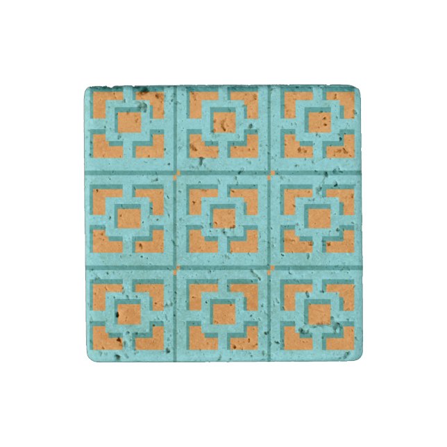 Retro Turquoise and Orange Trellis Stone Magnet (Front)