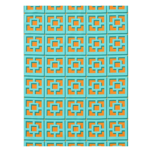 Retro Turquoise and Orange Trellis Tablecloth (Front)