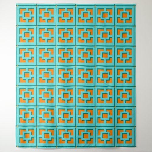 Retro Turquoise and Orange Trellis Tapestry