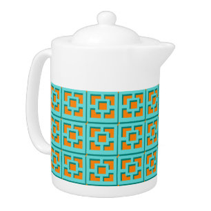 Retro Turquoise and Orange Trellis Teapot