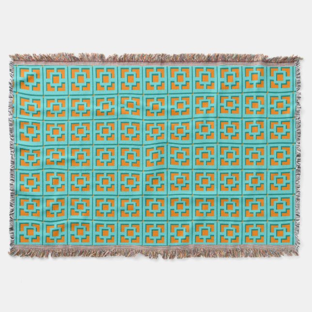 Retro Turquoise and Orange Trellis Throw Blanket (Front)