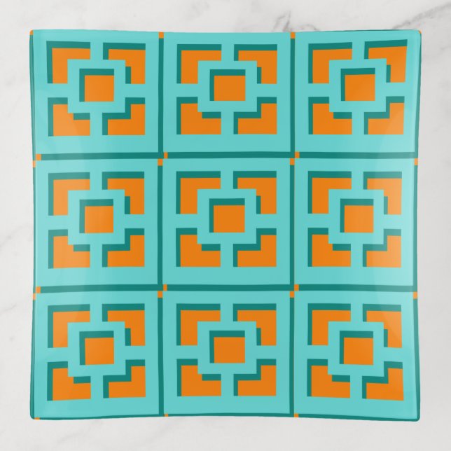 Retro Turquoise and Orange Trellis Trinket Tray (Front)