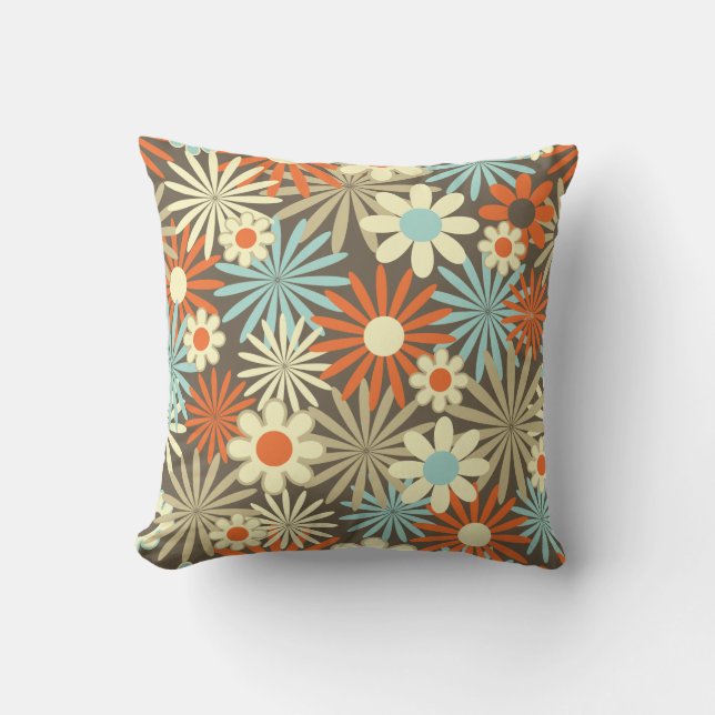 Retro Turquoise, Beige, Orange Floral Throw Pillow (Front)