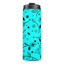 Retro Turquoise Black Line Art Floral Thermal Tumb