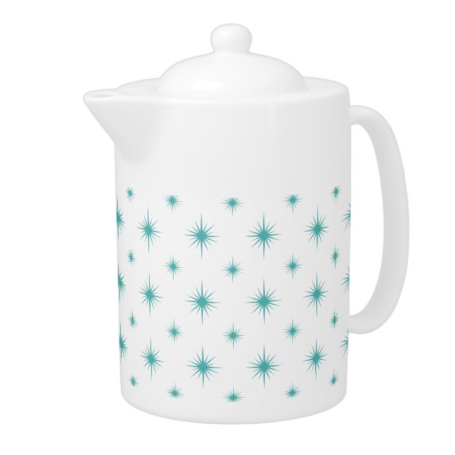 Retro Turquoise Blue Starburst Pattern Mid-century Teapot (Right)