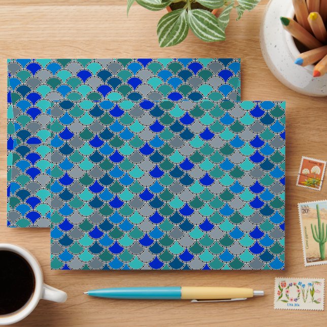 Retro Turquoise Blue Teal Gray Scales Pattern Envelope (Desk)