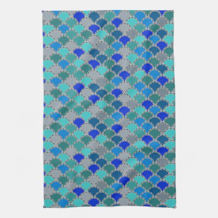 Retro Turquoise Blue Teal Gray Scales Pattern Kitchen Towel