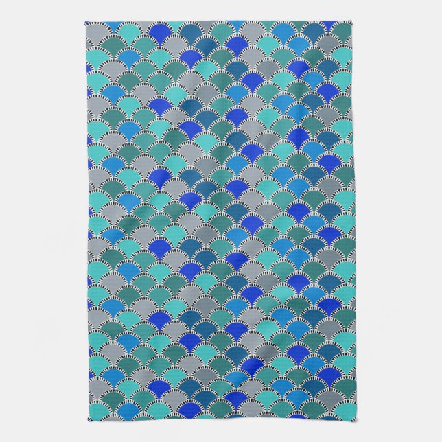 Retro Turquoise Blue Teal Gray Scales Pattern Kitchen Towel (Vertical)
