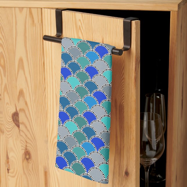 Retro Turquoise Blue Teal Gray Scales Pattern Kitchen Towel (Thirds Fold)
