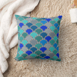 Retro Turquoise Blue Teal Gray Scales Pattern Throw Pillow