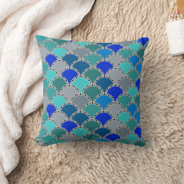 Retro Turquoise Blue Teal Gray Scales Pattern Throw Pillow (Blanket)