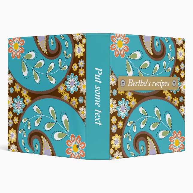 Retro turquoise, brown paisley floral recipe 3 ring binder (Background)