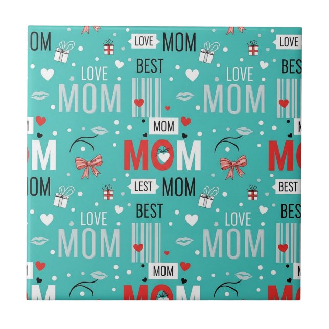 Retro Turquoise Comic MOM Love Pattern Ceramic Tile (Front)