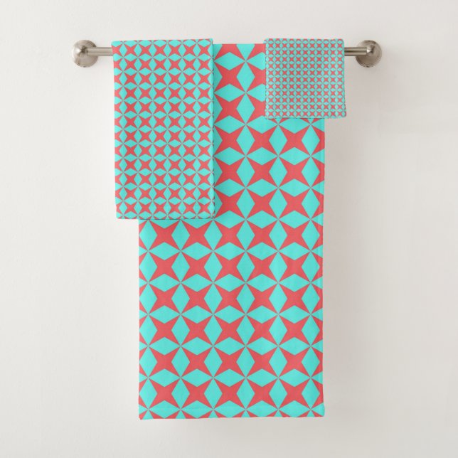 Retro Turquoise & Coral Atomic Pattern Bath Towel Set (Insitu)