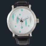 Retro Turquoise Diamond & Starburst eWatch Watch<br><div class="desc">This Retro Turquoise Diamonds and Starbursts eWatch Watch pattern is a new take on a vintage style. It features kitschy, grey starbursts on turquoise polka dots, surrounding geometric, turquoise and grey diamond shapes. Customize the background color on this mid century modern product if you're feeling daring, or leave it white...</div>