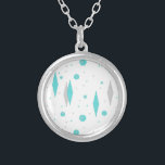 Retro Turquoise Diamond & Starburst Necklace<br><div class="desc">This Retro Turquoise Diamonds and Starbursts Necklace pattern is a new take on a vintage style. It features kitschy, grey starbursts on turquoise polka dots, surrounding geometric, turquoise and grey diamond shapes. Customize the background color on this mid century modern product if you're feeling daring, or leave it white if...</div>