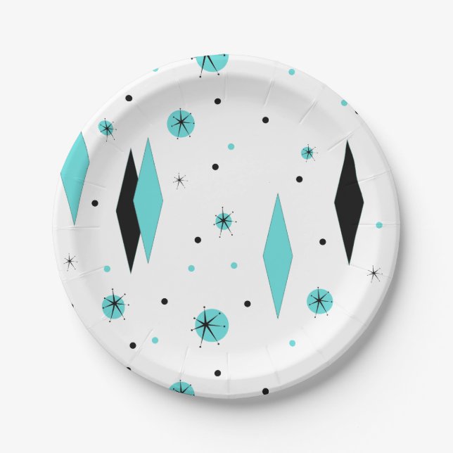 Retro Turquoise Diamond & Starburst Paper Plates (Front)