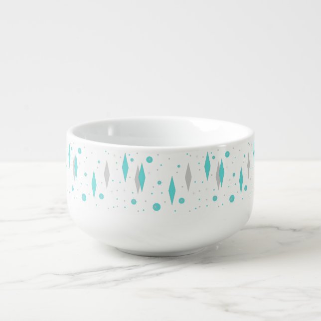 Retro Turquoise Diamond  & Starburst Soup Mug (Front)