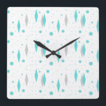 Retro Turquoise Diamond & Starburst Wall Clock<br><div class="desc">This Retro Turquoise Diamonds and Starbursts Square Acrylic Wall Clock pattern is a new take on a vintage style. It features kitschy, grey starbursts on turquoise polka dots, surrounding geometric, turquoise and grey diamond shapes. Customize the background color on this mid century modern product if you're feeling daring, or leave...</div>