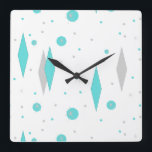 Retro Turquoise Diamond & Starburst Wall Clock<br><div class="desc">This Retro Turquoise Diamonds and Starbursts Square Acrylic Wall Clock (large print) pattern is a new take on a vintage style. It features kitschy, grey starbursts on turquoise polka dots, surrounding geometric, turquoise and grey diamond shapes. Customize the background color on this mid century modern product if you're feeling daring,...</div>