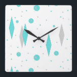 Retro Turquoise Diamond & Starburst Wall Clock<br><div class="desc">This Retro Turquoise Diamonds and Starbursts Square Acrylic Wall Clock (large print) pattern is a new take on a vintage style. It features kitschy, grey starbursts on turquoise polka dots, surrounding geometric, turquoise and grey diamond shapes. Customize the background color on this mid century modern product if you're feeling daring,...</div>
