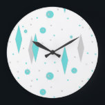 Retro Turquoise Diamond & Starburst Wall Clock<br><div class="desc">This Retro Turquoise Diamonds and Starbursts Wall Clock (large print) pattern is a new take on a vintage style. It features kitschy, grey starbursts on turquoise polka dots, surrounding geometric, turquoise and grey diamond shapes. Customize the background color on this mid century modern product if you're feeling daring, or leave...</div>