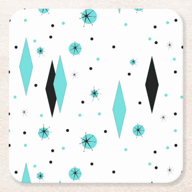 Retro Turquoise Diamonds & Starburst Paper Coaster (Front)