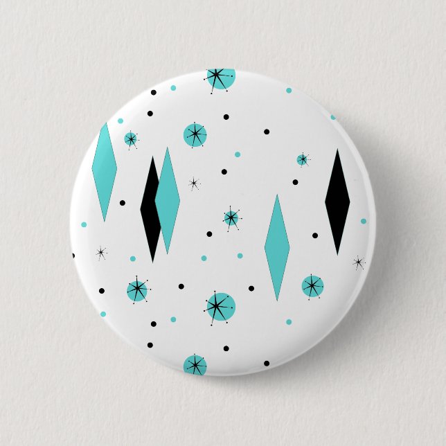 Retro Turquoise Diamonds & Starbursts Button (Front)