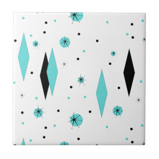Retro Turquoise Diamonds & Starbursts Ceramic Tile