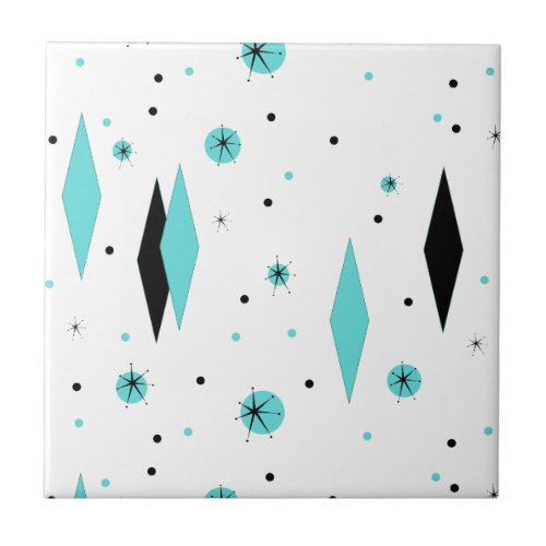 Retro Turquoise Diamonds  Starbursts Ceramic Tile