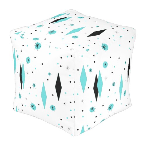 Retro Turquoise Diamonds  Starbursts Cube Pouf