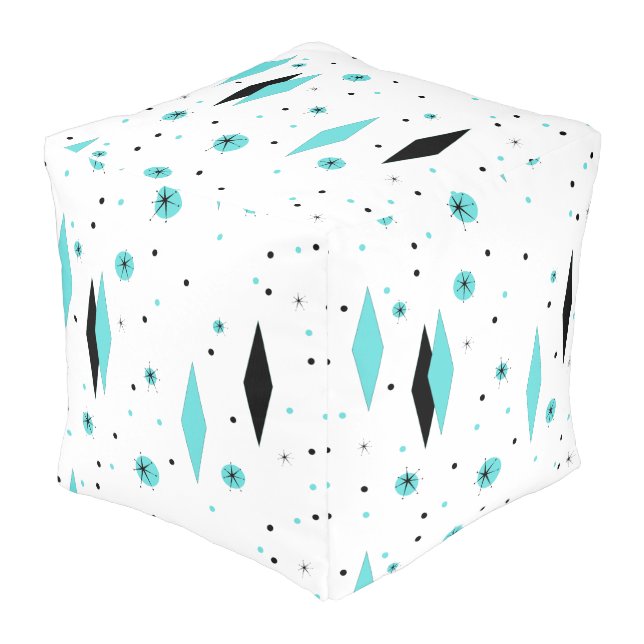 Retro Turquoise Diamonds & Starbursts Cube Pouf (Angled Front)