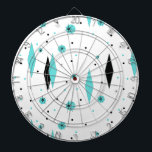 Retro Turquoise Diamonds & Starbursts Dart Board<br><div class="desc">This Retro Turquoise Diamonds and Starbursts Dart Board is a new take on a vintage style. It features kitschy, black starbursts on turquoise polka dots, surrounding geometric, turquoise and black diamond shapes. Customize the background color on this mid century modern product if you're feeling daring, or leave it white if...</div>