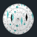Retro Turquoise Diamonds & Starbursts Dart Board<br><div class="desc">This Retro Turquoise Diamonds and Starbursts Dart Board is a new take on a vintage style. It features kitschy, black starbursts on turquoise polka dots, surrounding geometric, turquoise and black diamond shapes. Customize the background color on this mid century modern product if you're feeling daring, or leave it white if...</div>