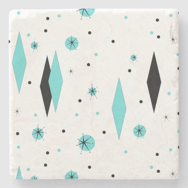 Retro Turquoise Diamonds Starbursts Marble Coaster (Front)