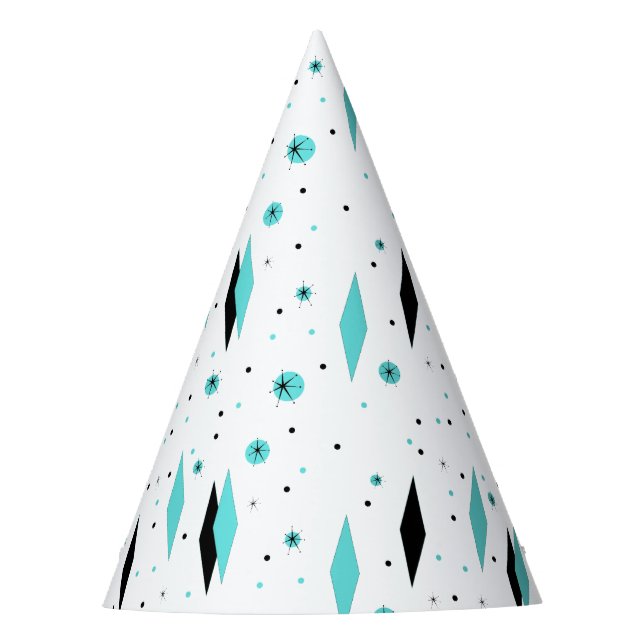 Retro Turquoise Diamonds & Starbursts Party Hat (Front)