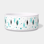 Retro Turquoise Diamonds & Starbursts Pet Bowl<br><div class="desc">This Retro Turquoise Diamonds and Starbursts Ceramic Pet Bowl is a new take on a vintage style. It features kitschy, black starbursts on turquoise polka dots, surrounding geometric, turquoise and black diamond shapes. Customize the background color on this mid century modern product if you're feeling daring, or leave it white...</div>